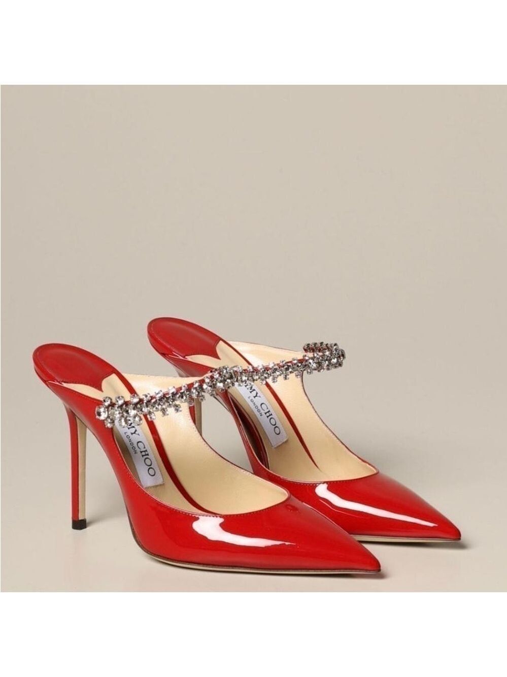 Jimmy Choo Bing 100 Red Patent Leather Heeled Mules with Crystal Strap NWT